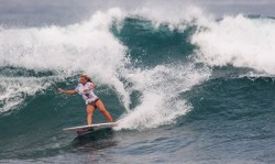Costa Rica's Leilani McGonagle felt right at home in the long left point break like Pavones, and dominated her heat in the Girls U-16. Photo: Rommel Gonzales