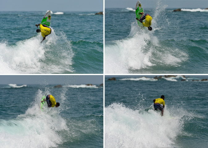  Edivelton Santos Brasil aterrizó exitosamente un Kerrupt Flip, maniobra bautizada por el surfista profesional Josh Kerr, y obtuvo un 9.90, el puntaje de ola individual más alto en la competencia hasta ahora. Foto: ISA/ Michael Tweddle