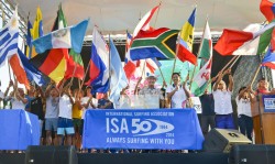 ISA Vice President Alan Atkins (center-left) and Vice Minister of Sport Luis Gomez (center-right) amongst the flags of the 32 National Teams, declared the 2014 VISSLA ISA World Junior Surfing Championship officially open. Photo: ISA/Michael Tweddle