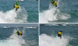 Edivelton Santos Brasil aterrizó exitosamente un Kerrupt Flip, maniobra bautizada por el surfista profesional Josh Kerr, y obtuvo un 9.90, el puntaje de ola individual más alto en la competencia hasta ahora. Foto: ISA/ Michael Tweddle